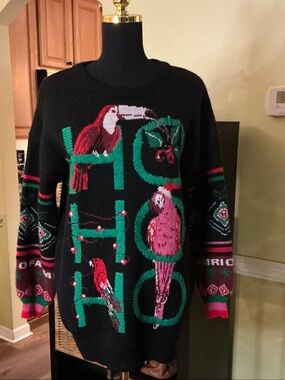 Farm Rio Black Holiday Parrot Sweater with Green & Pink Accents